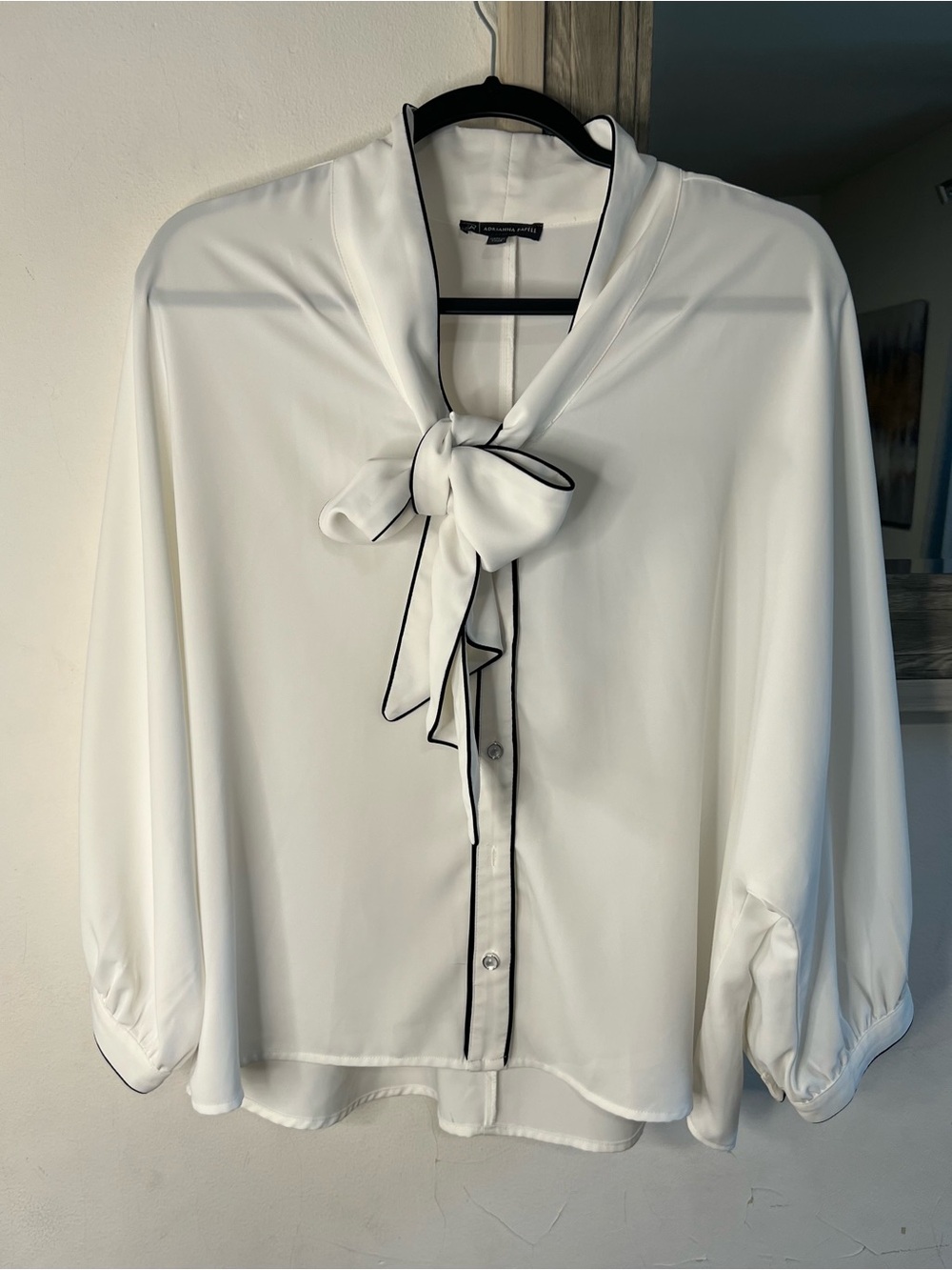 Adrianna Papell White Bow-Tie Blouse with Black Trim